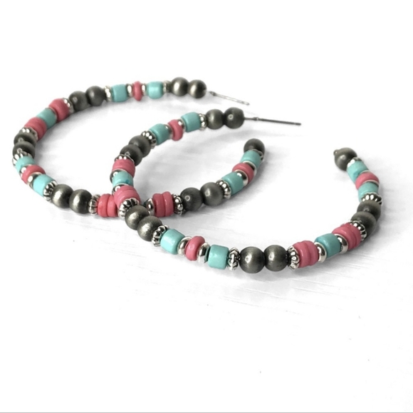 Colorful Hoop Earrings w/Turquoise Stones, Pink & Gunmetal Beads - Picture 4 of 4